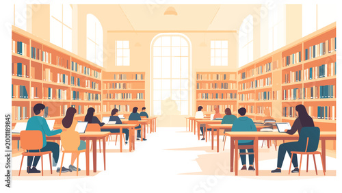 Students studying in library with bookshelves, flat design vector illustration.