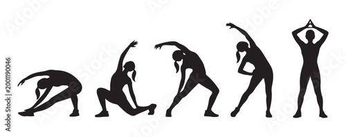 Set of female silhouettes showing diverse yoga positions and stretching movements on plain background.