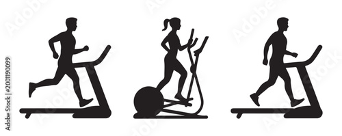 Silhouettes of man and woman using treadmill and elliptical machine in gym fitness workout vector.