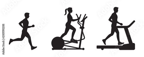 Silhouettes of man and woman using treadmill and elliptical machine in gym fitness workout vector.