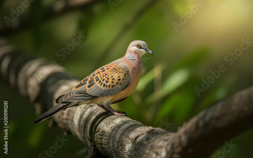 A Rufous Turtle Dove sits quietly on a tree branch, showing its beautifully patterned brown and grey feathers, creating a calm and natural scene. A bird on the branch.