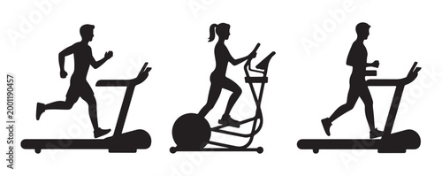 Fitness training silhouettes set including runners on treadmills and woman using elliptical machine design.