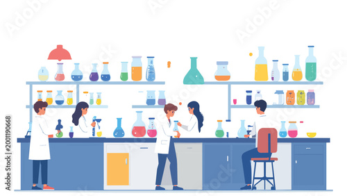 Scientists working together in chemistry laboratory with colorful flasks and equipment, flat design vector illustration