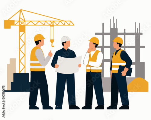 Construction workers briefing at construction site vector illustration