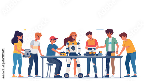 Diverse group of students and young people building and programming a robot together in flat design style. Robotics, engineering, and teamwork concept featuring teenagers and young adults in a STEM