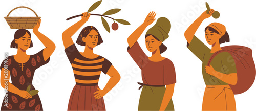 Women harvesting olives carrying baskets and branches, rural agriculture lifestyle traditional farming flat vector illustration