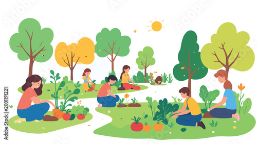Diverse group of people gardening together in a beautiful green park with trees, plants, and vegetables in flat design style. Community garden and nature concept featuring families and individuals pla