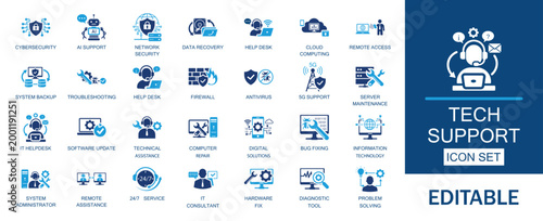 Tech support and customer assistance icon set. Includes cybersecurity, system maintenance, question, now, sos, about, and online support. Professional for helpdesk and web security.