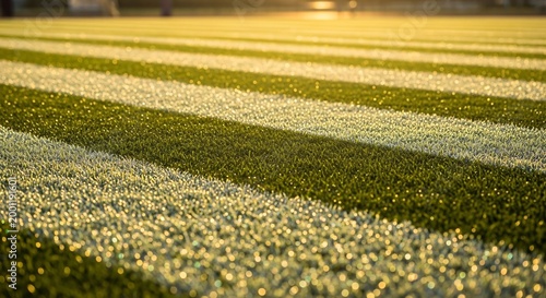 Sunlit green and yellow striped grass field with warm light