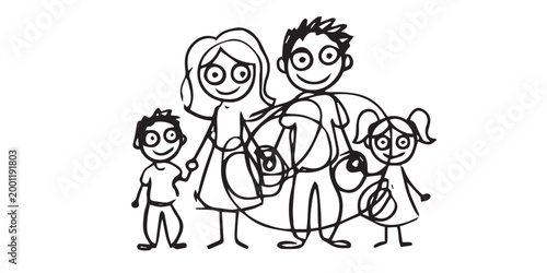 A cheerful stick figure family of four, including a mother, father, son, and daughter, smiling happily together.