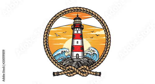 Vintage nautical lighthouse rope emblem symbol.