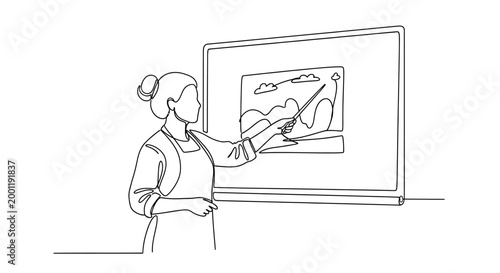 Woman pointing at presentation screen.