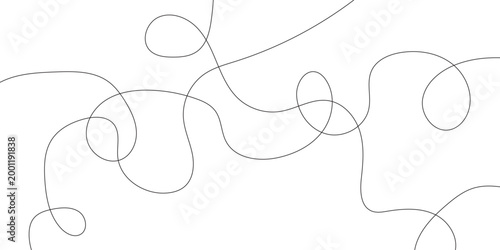 A minimalist abstract background featuring a continuous, thin, winding black line forming various loops and curves on a clean white surface.