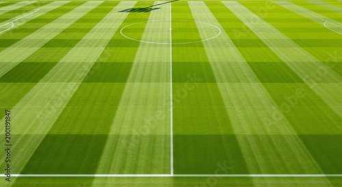 Green soccer field with white lines and markings