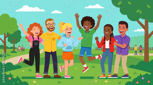 Diverse group of happy children playing.