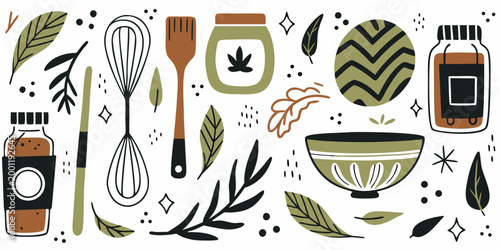 matcha tea culture elements with whisk bowl jars and leaves