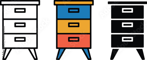 Modern bedside nightstand chest of drawers vector set in colorful flat line art and black silhouette icon styles, isolated on white background.