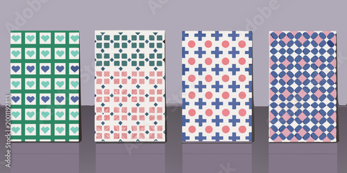 four minimalist patterned posters with geometric designs