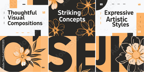 four panel design with floral patterns and text overlays