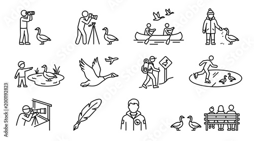 Black and White Outline Vector Icons of People Interacting with Canadian Goose Including Birdwatching, Photography, Feeding, and Outdoor Nature Activities