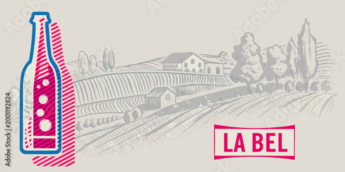 wine bottle illustration with vineyard landscape high quality