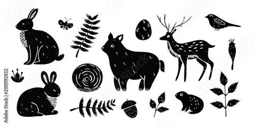 black silhouettes of woodland creatures on white background