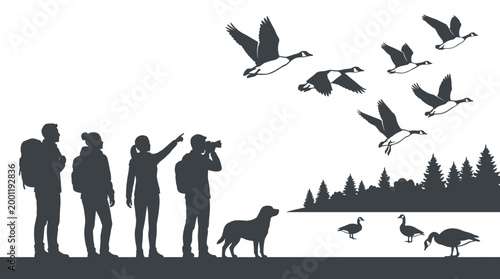 Black Silhouette Vector Landscape of People with Dog Birdwatching a Flying Flock of Canadian Goose over a Lake and Pine Forest for Outdoor Nature Recreation Designs