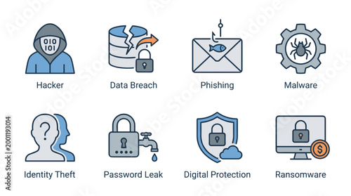 Cybersecurity threats and protection concepts including hacker, data breach, and digital protection