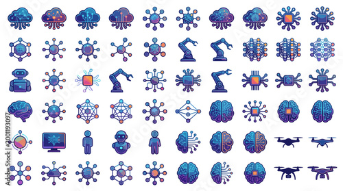 Collection of various colorful science and technology icons