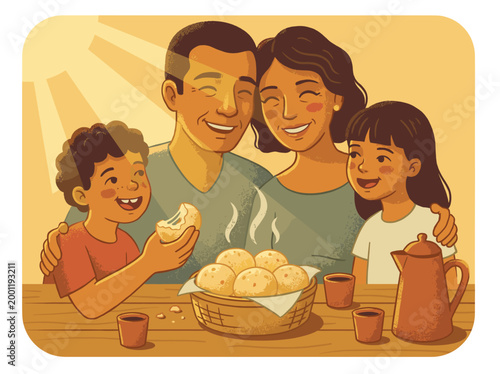Happy family enjoying breakfast together with steaming hot bread rolls on the table indoors