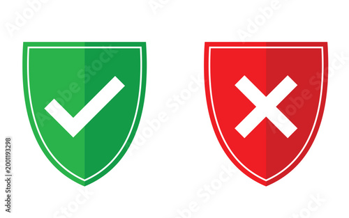Green shield with checkmark and red shield with cross symbols