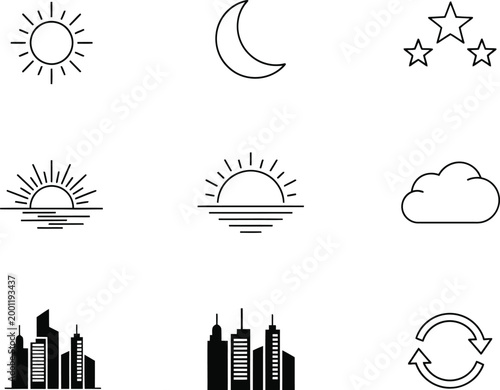 Various weather symbols and icons including sun, rain, and snow Vector