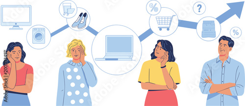 Consumers choosing products online with comparison icons, shopping decision process ecommerce concept flat vector illustration