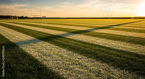 Golden sunrise casts long shadows on a frosty field landscape