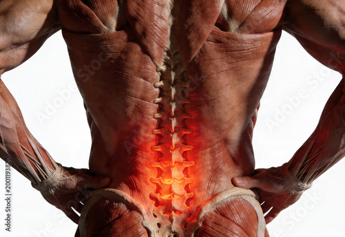 Adult male anatomy backview with inflammation and pain in lower back, depicting sciatica nerve ache health problem for medical understanding.