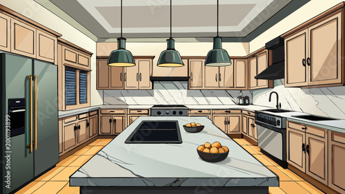 Luxury kitchen interior with marble countertops, matte black fixtures, and warm pendant lighting, hyper-realistic, interior design magazine style.