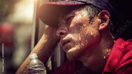 Tired delivery worker sweating heavily taking a break next to his vehicle.