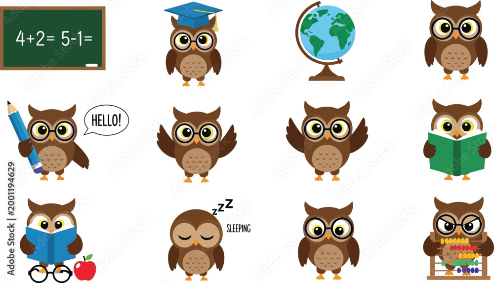 Fototapeta premium Owl characters with glasses doing school activities Vector