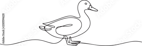 A simple line drawing of a duck standing on a wavy line isolated on white background