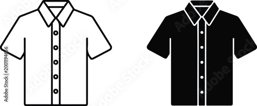 Short sleeve men's button down shirt vector icon set featuring casual summer apparel in black outline and solid silhouette styles isolated on white background.