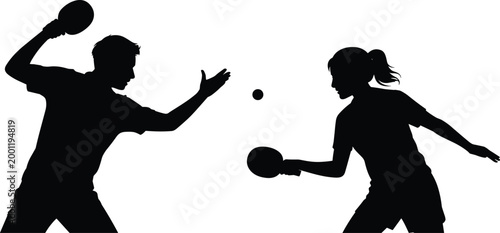 Black silhouette of a man and woman playing table tennis match with paddles and ball isolated on white background
