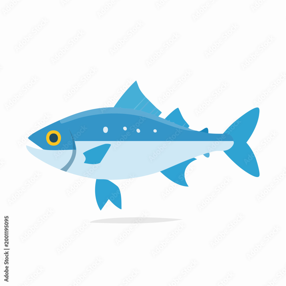 Obraz premium Illustration of a stylized blue fish with yellow eye swimming left