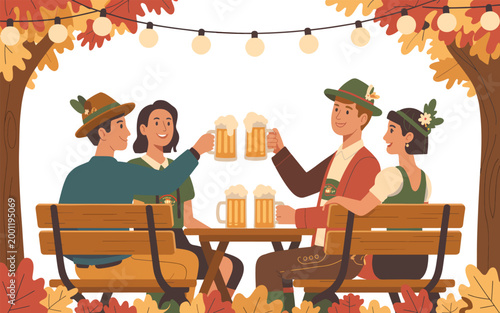 Four people in traditional Bavarian clothing toasting with beer mugs at an outdoor autumn festival