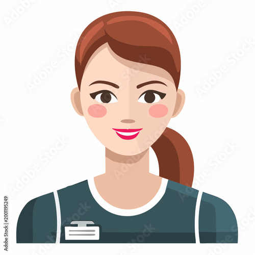 Smiling professional woman with red hair wearing a dark blue uniform and name tag