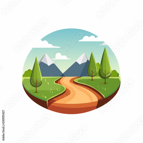 Stylized scenic landscape with winding dirt road, majestic mountains, and lush green trees under a cloudy sky.