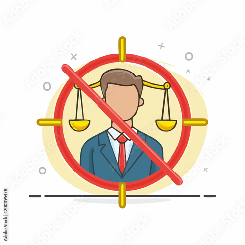 Man in Suit with Scales of Justice Crossed Out in Target Symbol Illustrating Injustice or Unfairness