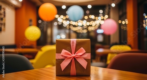 Brown gift box with pink ribbon on wooden table in cozy cafe with colorful balloons and string lights