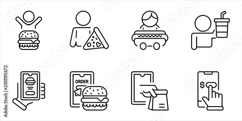 Food ordering process icon line set person burger pizza hotdog drink mobile order delivery payment outline vector illustration