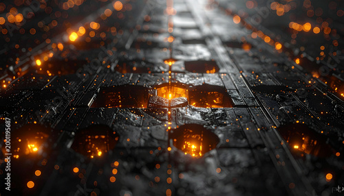 Technological Pathway: An abstract, futuristic digital scene, showcasing a network of glowing lights embedded in a textured, dark metallic surface, evoking a sense of high-tech and innovation.