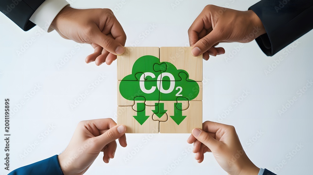 Obraz premium Hands holding a wooden puzzle with a green CO2 cloud and arrows symbolizing carbon emission reduction and sustainability